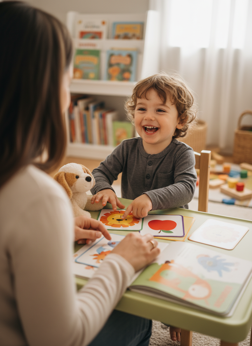 Young child laughing during a speech session with picture cards