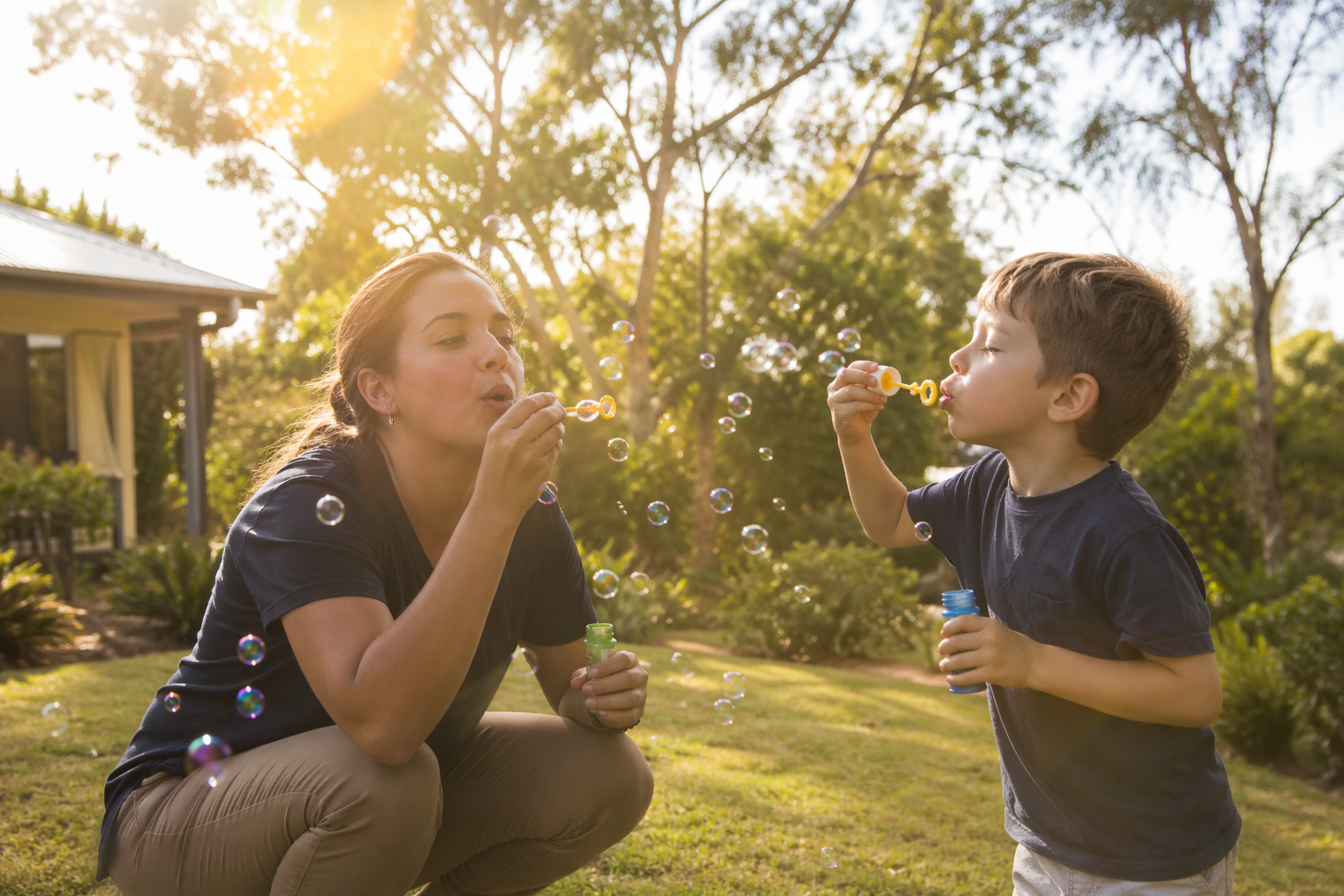 Mother and son blowing bubbles together outdoors at golden hour