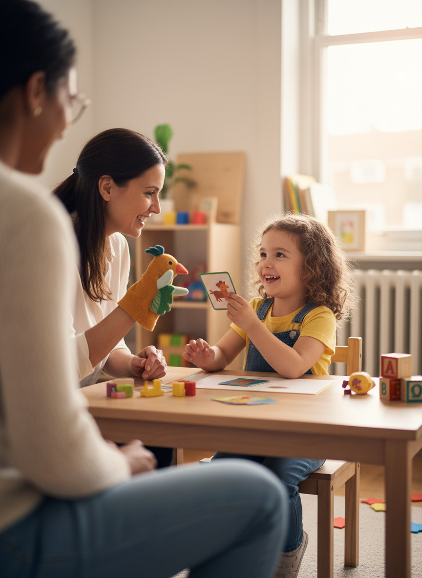 Speech pathologist working with a young girl drawing with crayons at a table